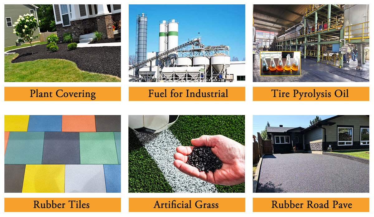 Applications Of Tyre Recycling Product - Rubber Crumb: 1. Plant Covering 2. Fuel for industrial 3.Tire Pyrolysis Oil 4. Rubber Tiles 5. Artificial Grass 6.Rubber Road Pave