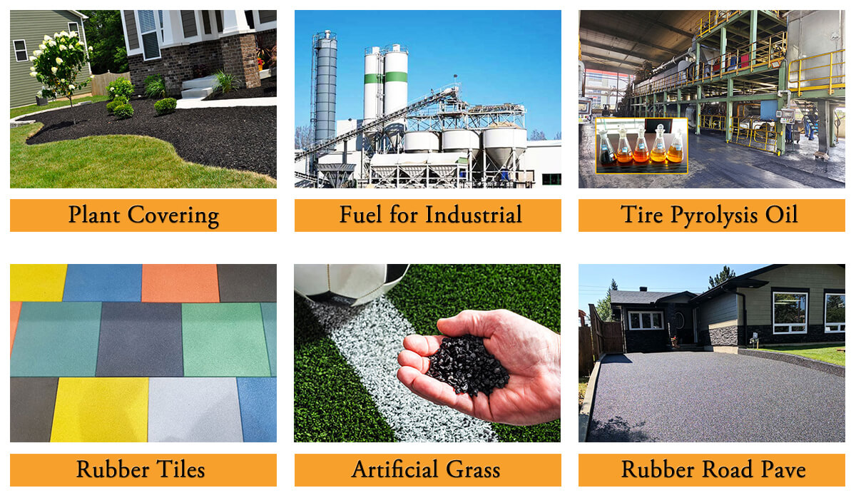 Aplicações do produto de reciclagem de pneus - Granulado De Pneus: 1. Cobertura da planta 2. Combustível industrial 3. Óleo de pirólise de pneus 4. Azulejos de borracha 5. grama artificial 6. pavimentação estrada borracha